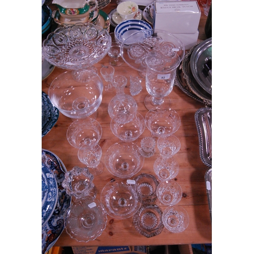 82 - Collection of cut glass to include celery vase, bowls, cake stand, comport, etched sundae dishes, cr... 