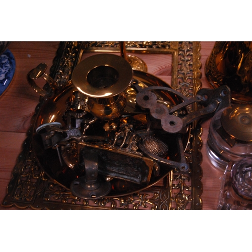 97 - Group of brassware to include jug, goblet, ornate frame, miscellaneous ornaments, glass inkwell with... 