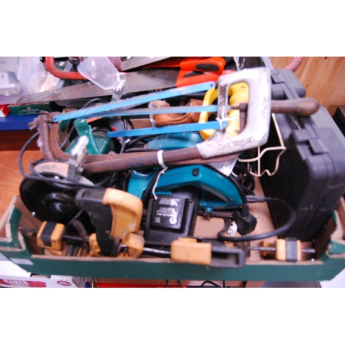 122 - Large quantity of tools to include saws, bench grinder, accessories, plugs, clamps, cables, drill bi... 