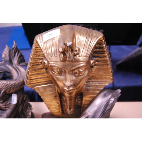 126 - Reproduction bust of Tutankhamun, reproduction ornament modelled as a mermaid and another modelled a... 