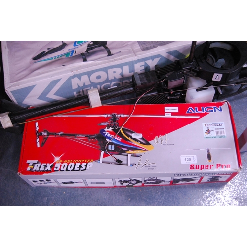 129 - Morley Helicopters model of a Maverick helicopter, Align T-Rex 500 ESP model helicopter, and various... 