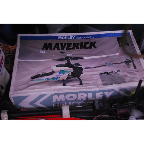 129 - Morley Helicopters model of a Maverick helicopter, Align T-Rex 500 ESP model helicopter, and various... 