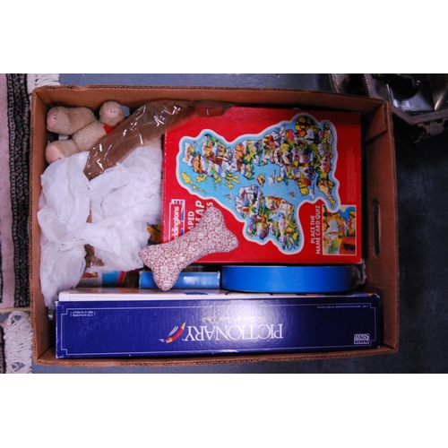 142 - Carton containing assorted games, a Gwentoy Group The Dean's teddy bear etc.