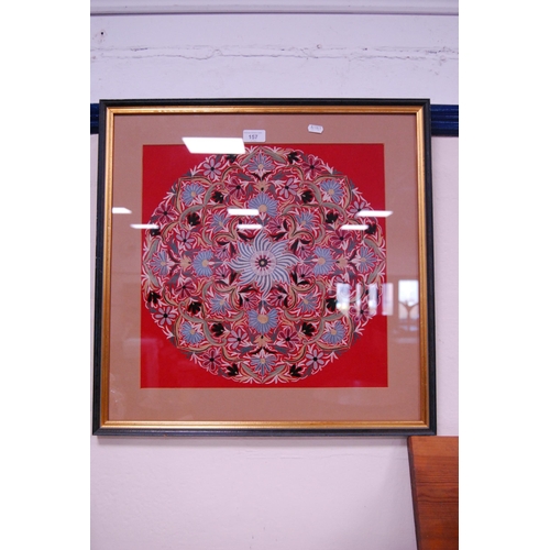 157 - Middle Eastern-style floral embroidery, framed and glazed.