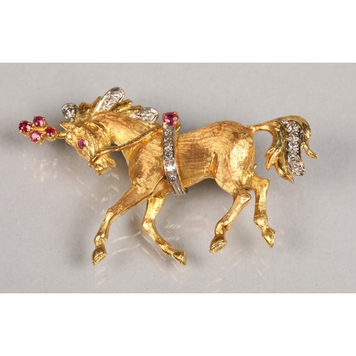 44 - 18ct gold prancing horse brooch set with diamonds and rubies, total weight 12.9g