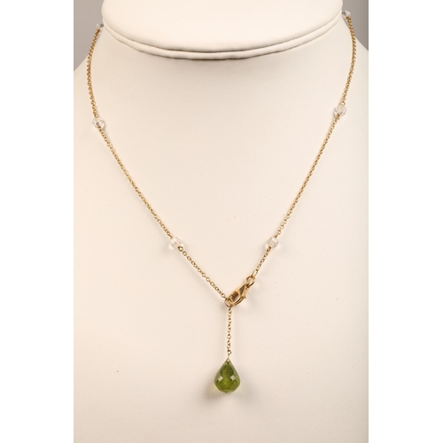 51 - 18ct gold chain with green stone teardrop pendant and small clear beads