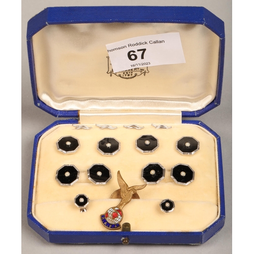 67 - Cased set of silver, black enamel, and seed pearl set buttons and cufflinks, with an enameled RAFA b... 