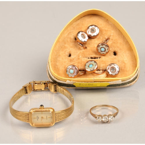 68 - Ladies Rotary watch, gilt mother of pearl and gem set buttons, and 9ct gold white gem set ring