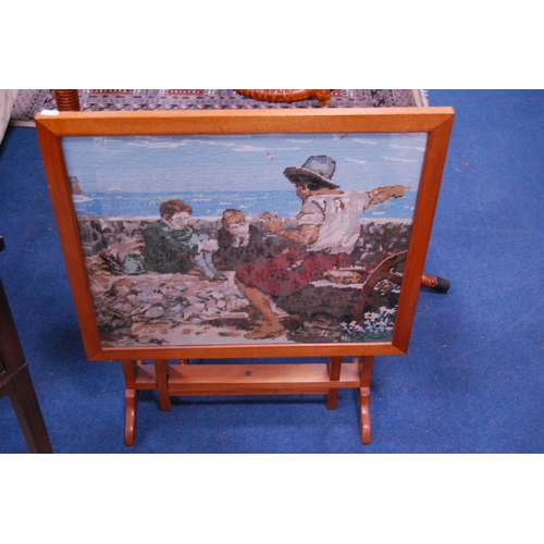 490 - Fire screen table, a reproduction telephone table and a child's woven chair.  (3)