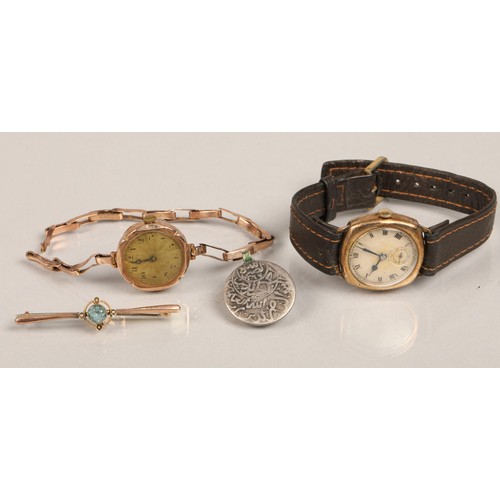 74 - 9ct gold cased ladies wristwatch, another watch, 9ct gold gem set bar brooch, and white metal Arabic... 