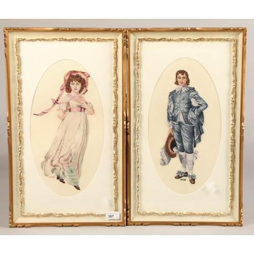 367 - Pair framed cross stitch portraits