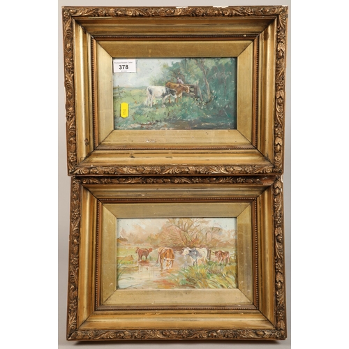 378 - Pair oil on canvas cows grazing, both signed AT