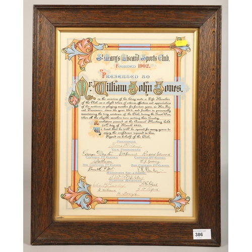 386 - Illuminated manuscript style certificate 1923 in wooden frame