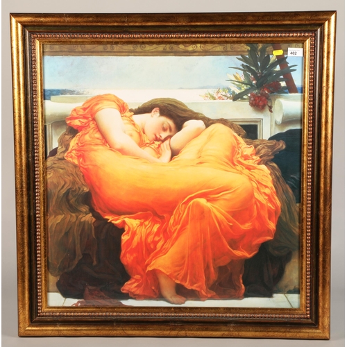 402 - Frederic Lord Leighton, Flaming June, large gilt framed print, and six other assorted prints (7)