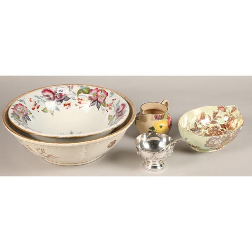 456 - Maling ware bowl, two large ceramic basins, plated bowl and ladle, Arthur Wood floral jug (6)