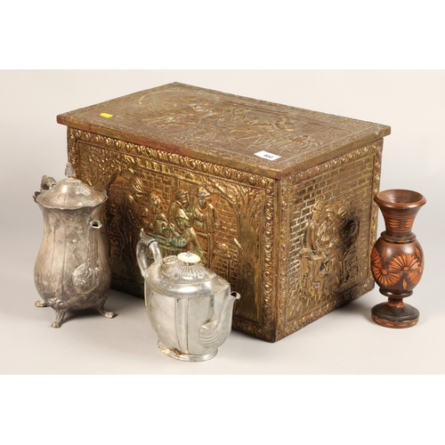 460 - Brass coal box with EPNS tea and coffee pot etc