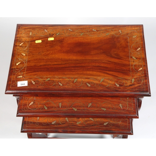 544 - Nest of hardwood tables with brass foliate inlay