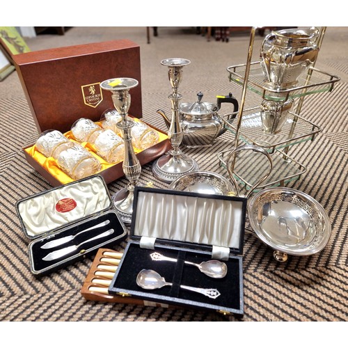 347 - Assorted plated ware, Edinburgh Crystal glasses, EPNS tea set, plates stand, flat ware, pierces plat... 