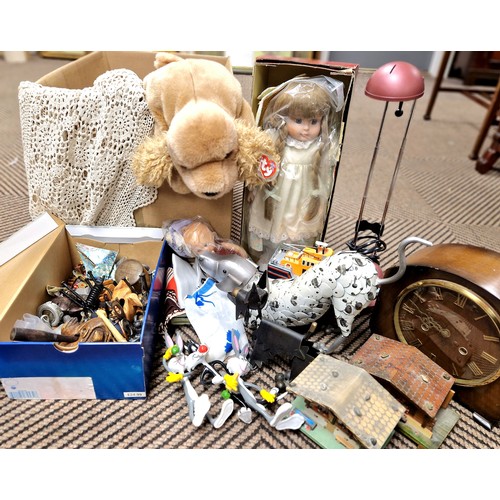 344 - Assortment of items including toys, vintage textiles, metal animals, reading lamp, etc