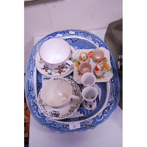 20 - Blue and white 'Willow' pattern ashet, Crown Staffordshire breakfast cup and saucer, another, egg cu... 