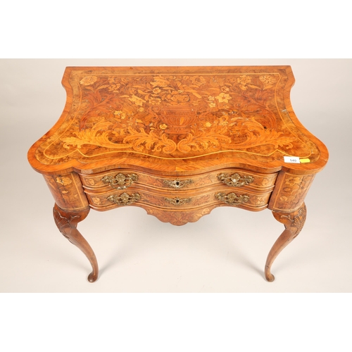 540 - French 19th century marquetry serpentine fronted side table with two fitted drawers, 46 x 79 x 72 cm