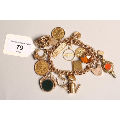 79 - 9ct gold bracelet with assorted charms and fobs including gold sovereign and gold half sovereign, to... 