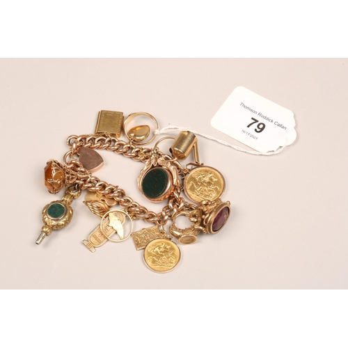 79 - 9ct gold bracelet with assorted charms and fobs including gold sovereign and gold half sovereign, to... 