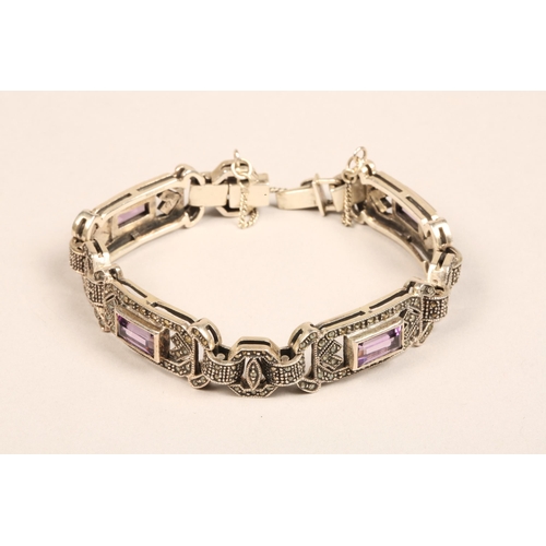 94 - Marcasite and Amethyst set silver art deco style bracelet and single earring