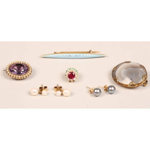 95 - 9ct gold amethyst and seed pearl set brooch, 14ct gem set earring, and others