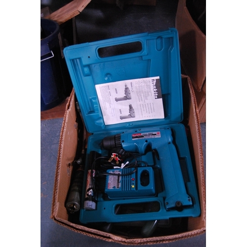 115 - Large collection of tools to include a toolbox and contents, Makita drill, loppers etc.