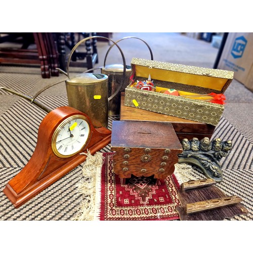 341 - Assortment of treen and metalware including mantle clock, box, brass watering cans, etc.