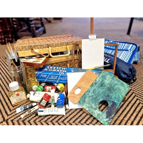 336 - Assorted art materials, mini easel, camping chair, etc