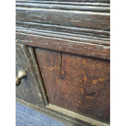 374 - Antique oak court cupboard inscribed to the frieze with initials and dated 1691, above foliate carvi... 