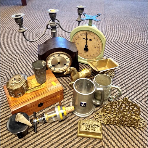 351 - Mantel clock, brass horse & cart, masonic tankard, etc