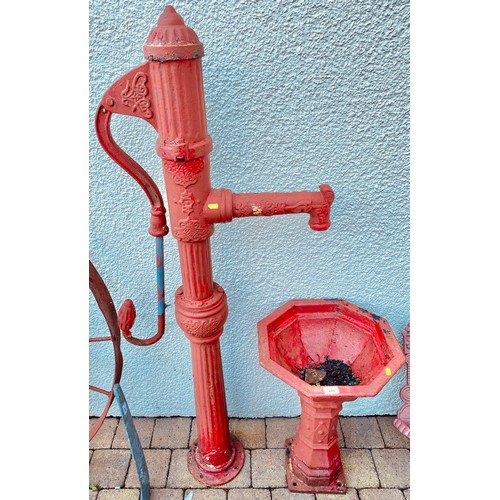 489 - Red iron water pump and bird bath (2)