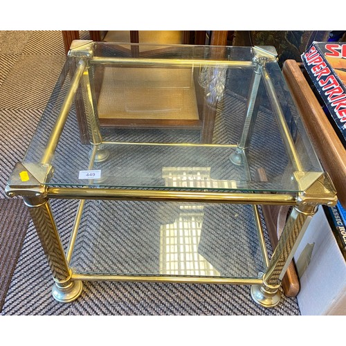 449 - Brass and glass occasional square table with glass shelf, 45 cm high