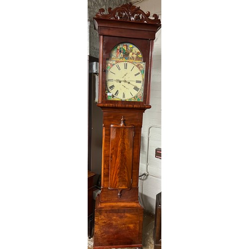 550 - Mahogany 19th century long case clock by R Rankin, Kilmarnock, with painted dial depicting the muse ... 