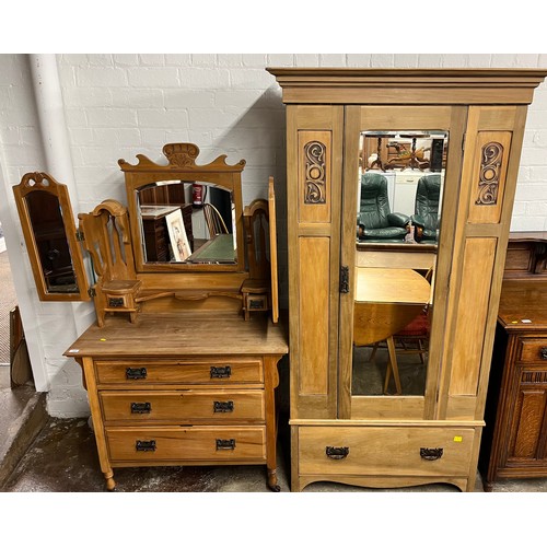 555 - Arts and craft style pine dressing table,  and mirror 99 x 45 x 170 cm high  and single door over dr... 