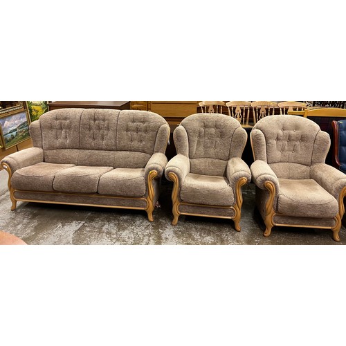 574 - Beach upholstered suite comprising sofa, pair of arm chairs (3)