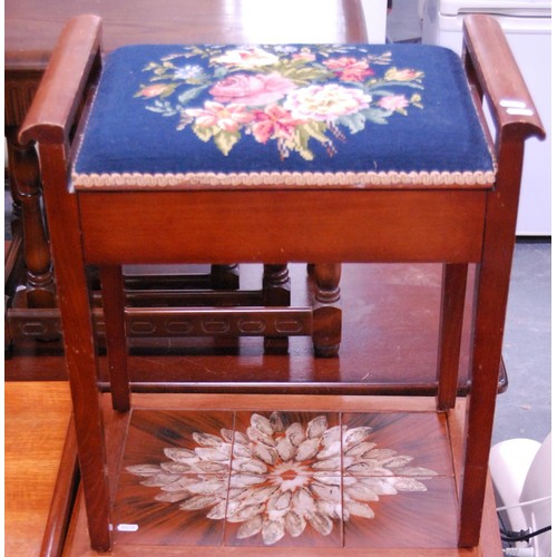 387 - Retro teak nest of three tables, piano stool and a cylindrical stick stand.