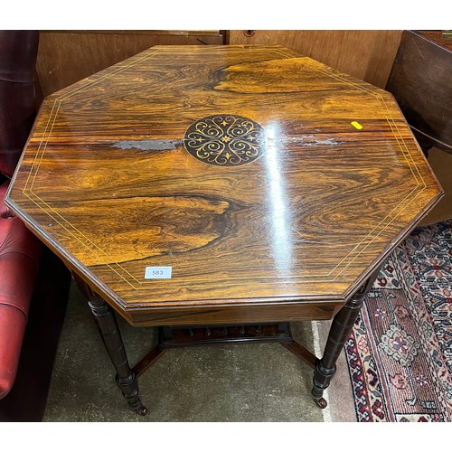 583 - Rosewood octagonal marquetry window table , with gallery shelf, 76 x 76 x 71 cm