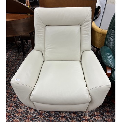 593 - Contemporary white leather recliner on rotating base