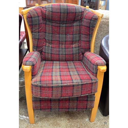 603 - Pine arm chair with tartan upholstery