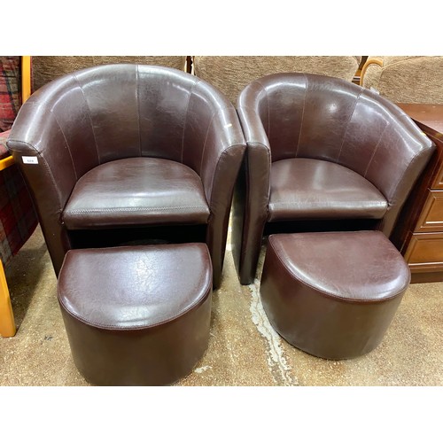 604 - Pair of contemporary brown leather tub chairs with matching foot stools (4)