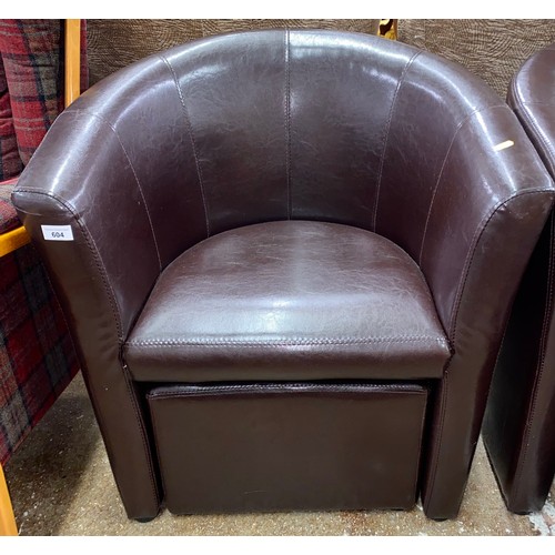 604 - Pair of contemporary brown leather tub chairs with matching foot stools (4)