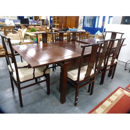 390 - Chinese hardwood dining table and a set of eight dining chairs, to include two carvers, the chairs w... 