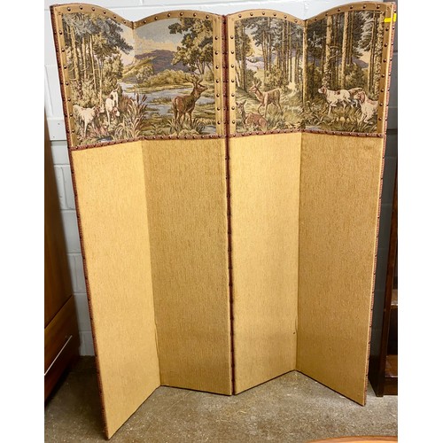 626 - Folding screen with woodland tapestry design, 168cm h