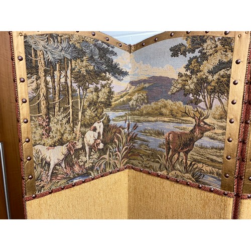 626 - Folding screen with woodland tapestry design, 168cm h