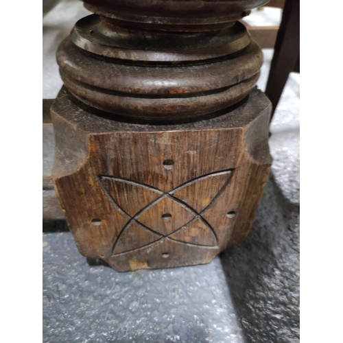 407 - Late 19th century gothic revival oak refectory dining table with baluster supports each carved with ... 