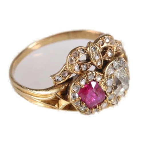 108 - Antique ruby and diamond ring, the large diamond and ruby encircled by diamonds and surmounted by di... 